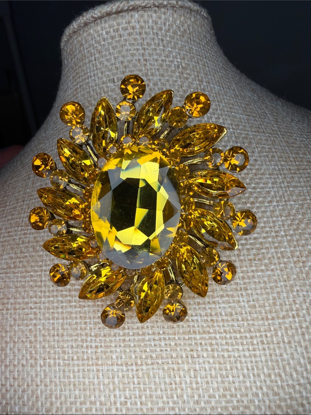 Yellow Crystal Sunburst Brooch - Fashion Statement Pin